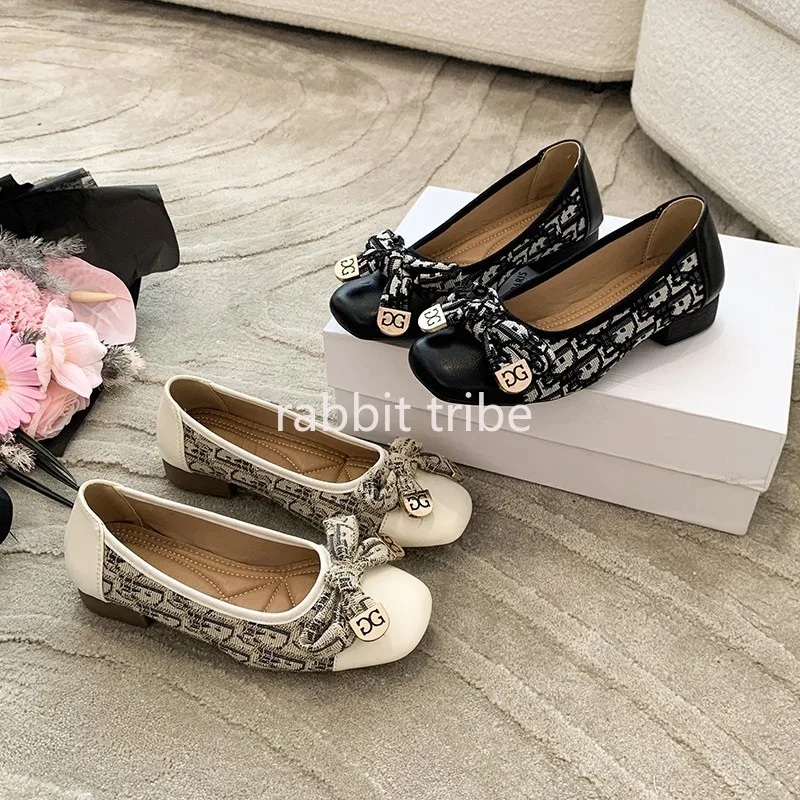 Comfortable French Womens Single Shoes for Women Sexy Style Square Head Embroidery Skirt Low Heels Small Fragrant Bean Shoes