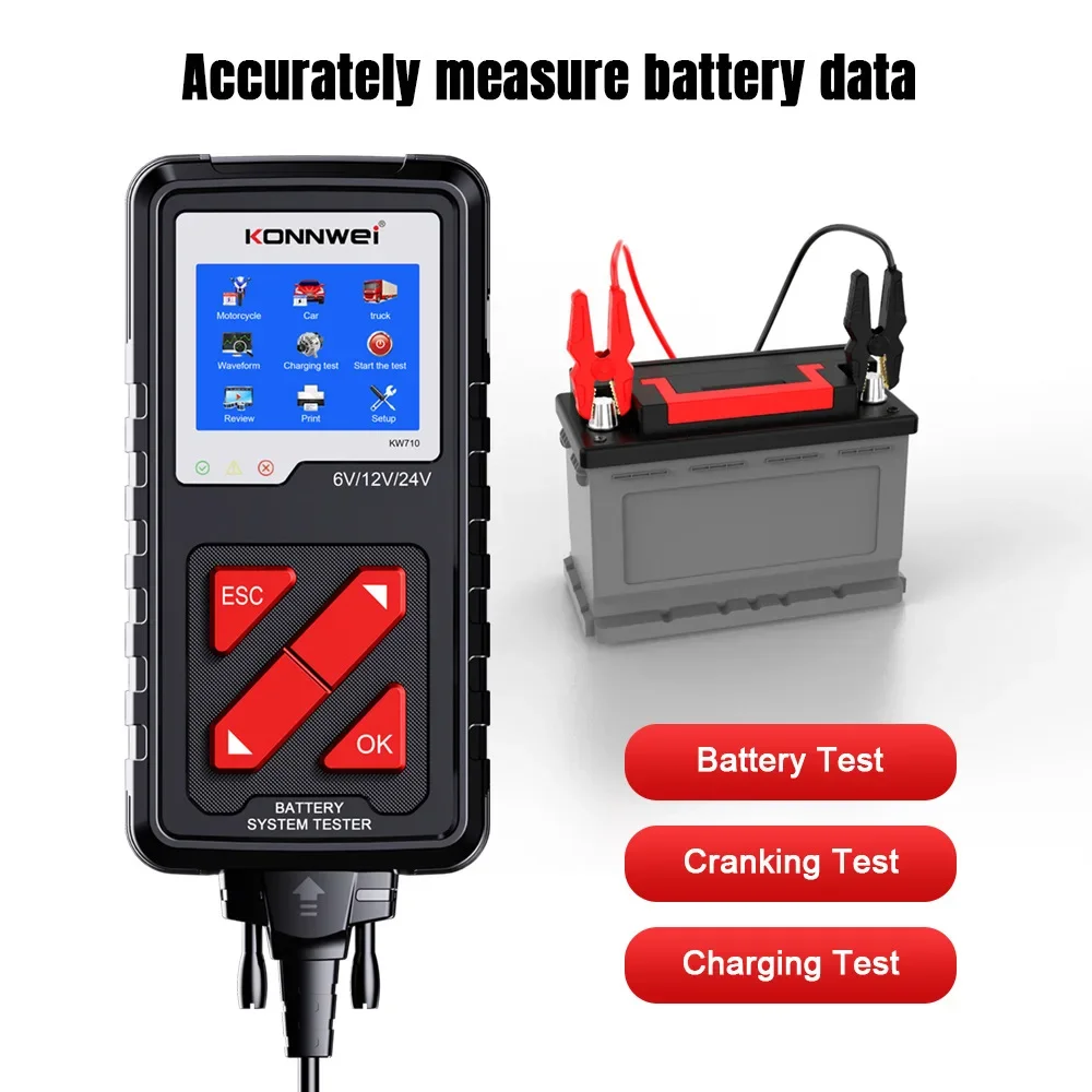 KONNWEI KW710 100-2000CCA Battery Analyzer Tester for Trucks 6V 12V 24V Car Cranking and Charging System Test Diagnostic Tool