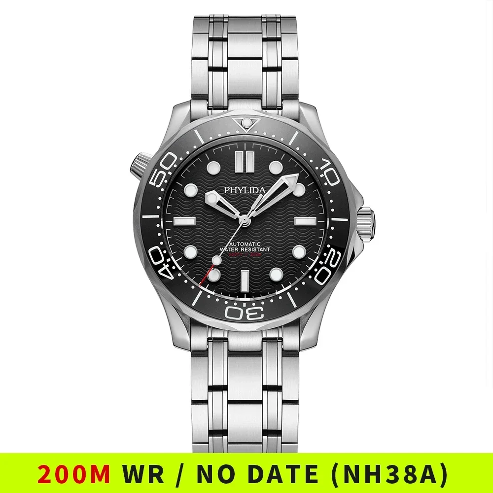 PHYLIDA Black Dial Diver 200 Men\'s Warch Sapphire Crystal NH38a Automatic Watch SLN BGW9 Lume SE-BK-38