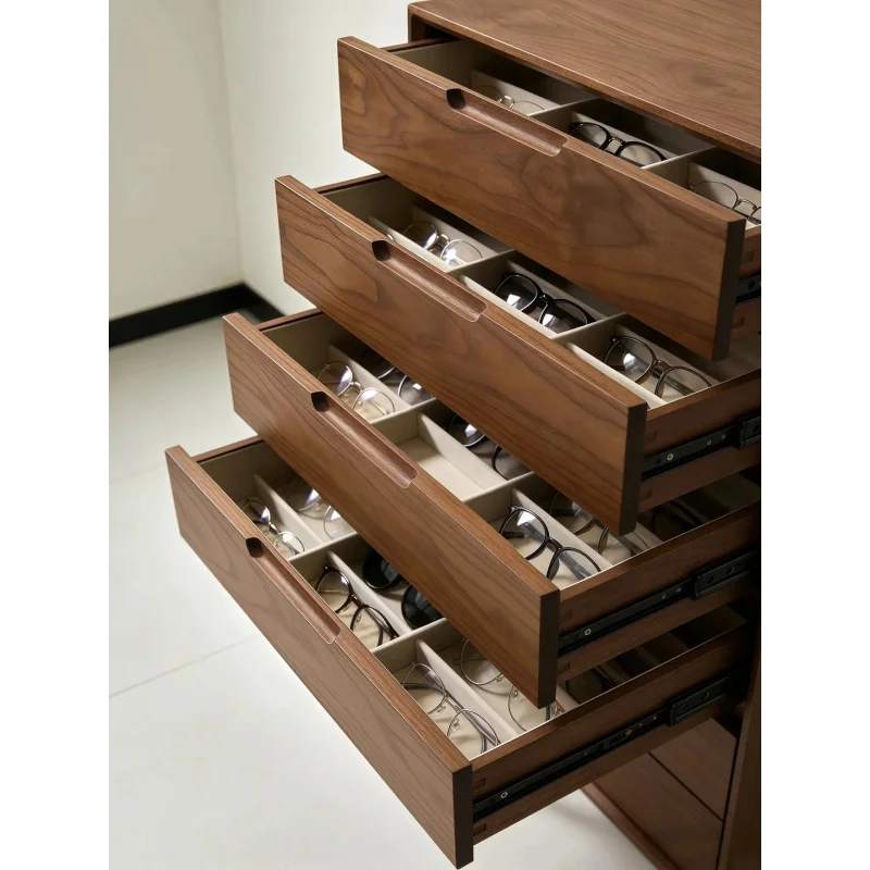 custom.Sunglasses Eyewear Display Stand LED Lighting Movable Floor Stand Lockable Design Customizable Wooden Eyeglass Displa