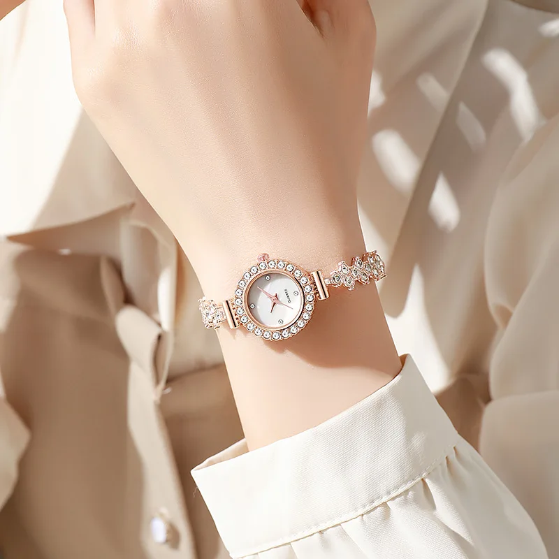 Ladies Watch, niche Fashion Diamond-Encrusted Round Full Diamond Women's Learning Pull-Out Bracelet Quartz Watch image 4