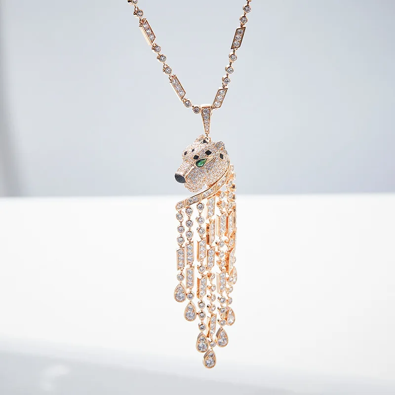 Classic new Leopard tassel necklace Rose gold drop glaze personality exaggerated leopard head sweater chain pendant