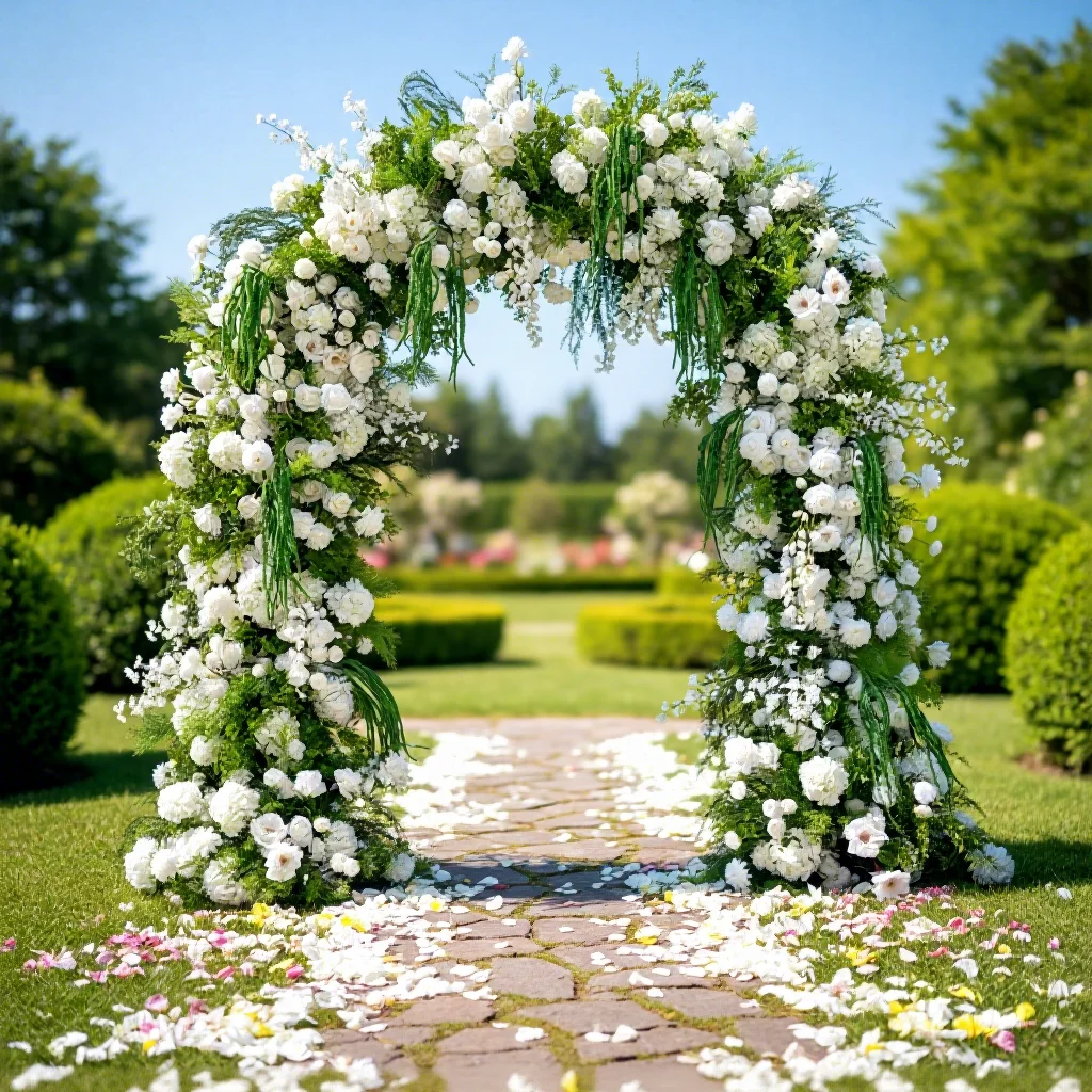 

White Silk Artificial Flower Adjustable Arch Backdrop Wedding Wall Stand With Customizable Size For Event Decoration