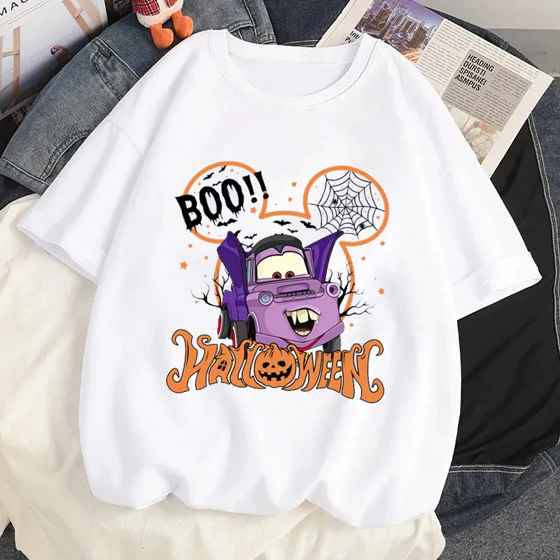 Camiseta con estampado de coche Pixar Lightning McQueen 95, camisetas gráficas de calabaza de Halloween, camisetas informales con cuello redondo para mujer de verano
