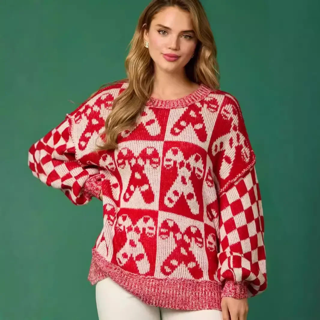 

Womens Christmassweaters Round Neck Long Sleeve Plaid Print Knitwear Autumn Winter Clothes Female Loose Pullover Tops