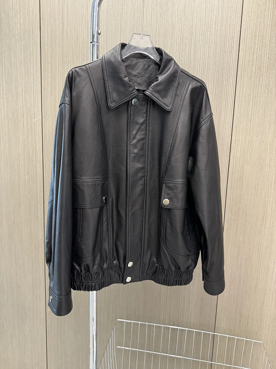 سترة طيران لراكبي الدراجات النارية كبيرة الحجم مبطنة على الطراز العتيق من الجلد الطبيعي #2