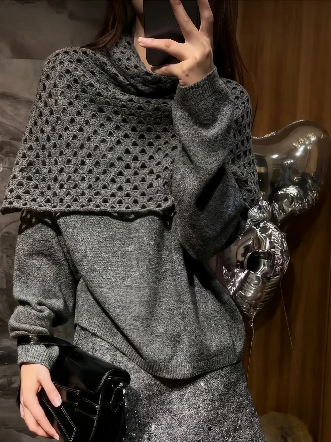 

Ele Hollow out Design Knitted Sweater Faionable oulder Wrap Versatile Sli Winter 2025 Women's Korean Sle Camere