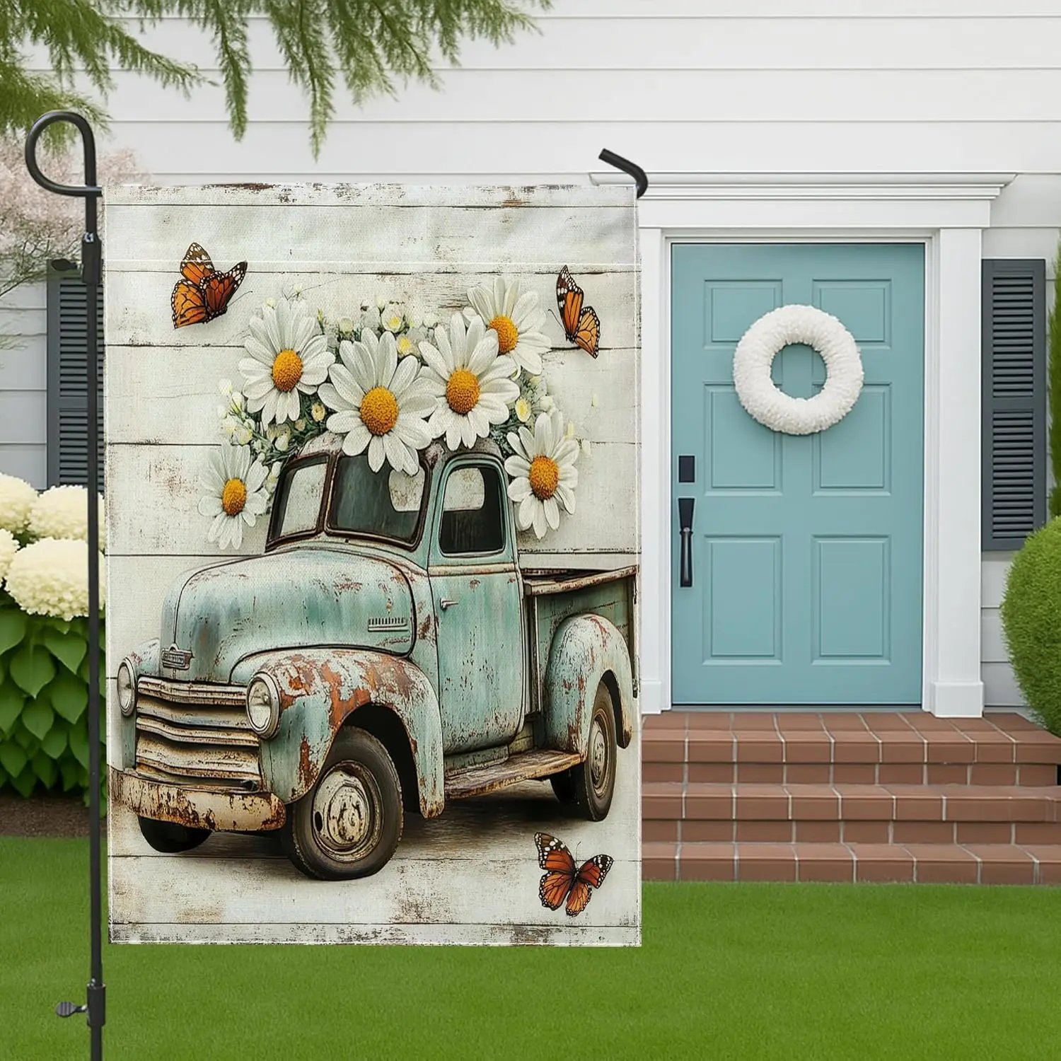 Spring Daisy Garden Flags 12”x18” Double Sided for Outside, Rustic Wood Flowers Truck Front Yard Backyard Vertical House Fla ZZM