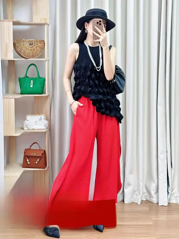 

Summer Faion Set Red Pants Bla Svel Top Women's Clothing Crumpled Sle Polyester Fabric round Ne ort Sve