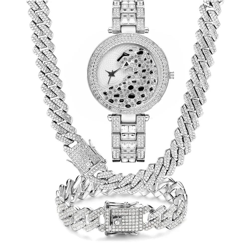 3PCS Fashion Jewelry Set 15MM Bling Iced Out Cuban Necklace Leopard Watch Bracelet For Women Holiday Birthday Gifts Daily Wear