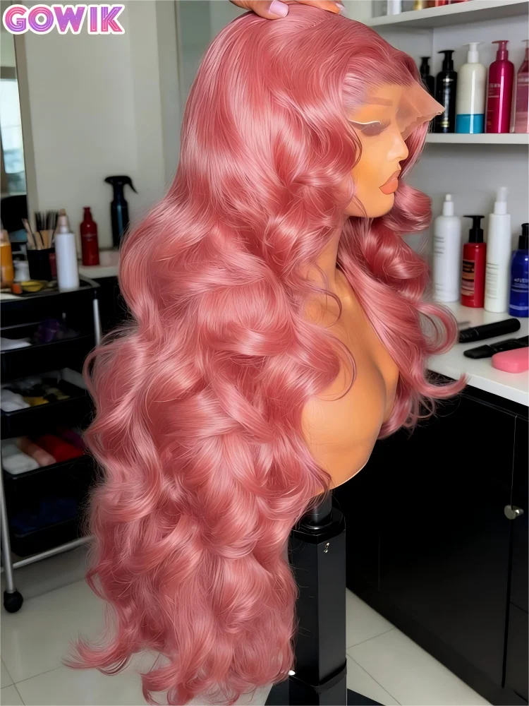 Peruca de Cabelo Humano Rosa com Ondas Corporais Coloridas, Peruca Frontal de Renda 13X6 HD, Peruca Brasileira Original de 40 Polegadas com Densidade 250
