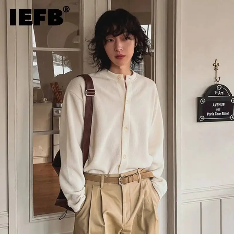 IEFB Korean Style Men's Sweatshirts Solid Color Round Neck Single Breasted Tops Loose New Autumn Male Clothing Simple 9W4255
