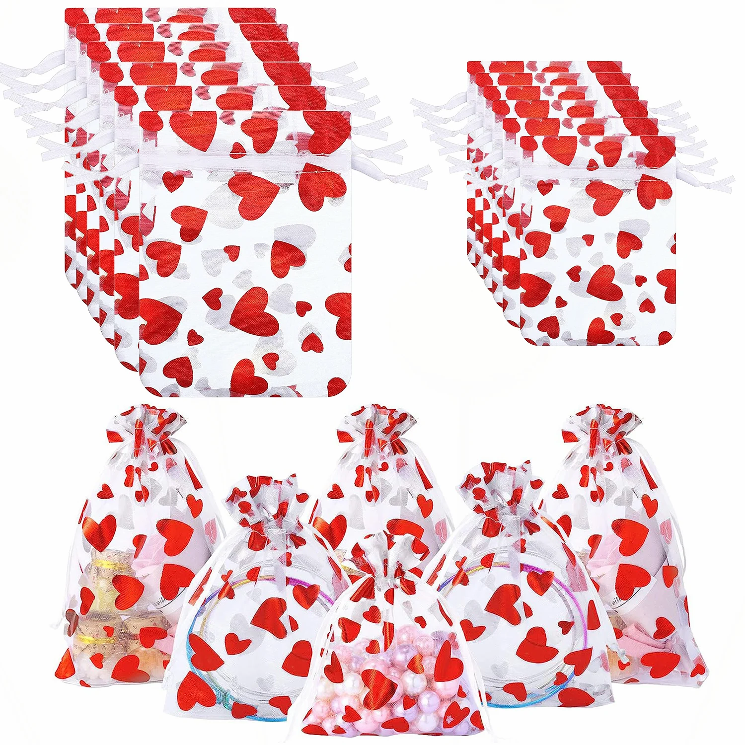 100Pcs Valentine's Day Wedding Party Gift Bags Love Heart Drawstring Organza Bag Candy Cosmetic Jewelry Beads Packaging Pounches