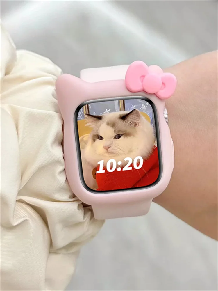 Y2k Cartoon Cute Bow Cat Ears Case For Watch Case 44mm 42mm 38 40 Correa Bumper For Apple Watch Ultra 6 5 Soft Silicone Cover