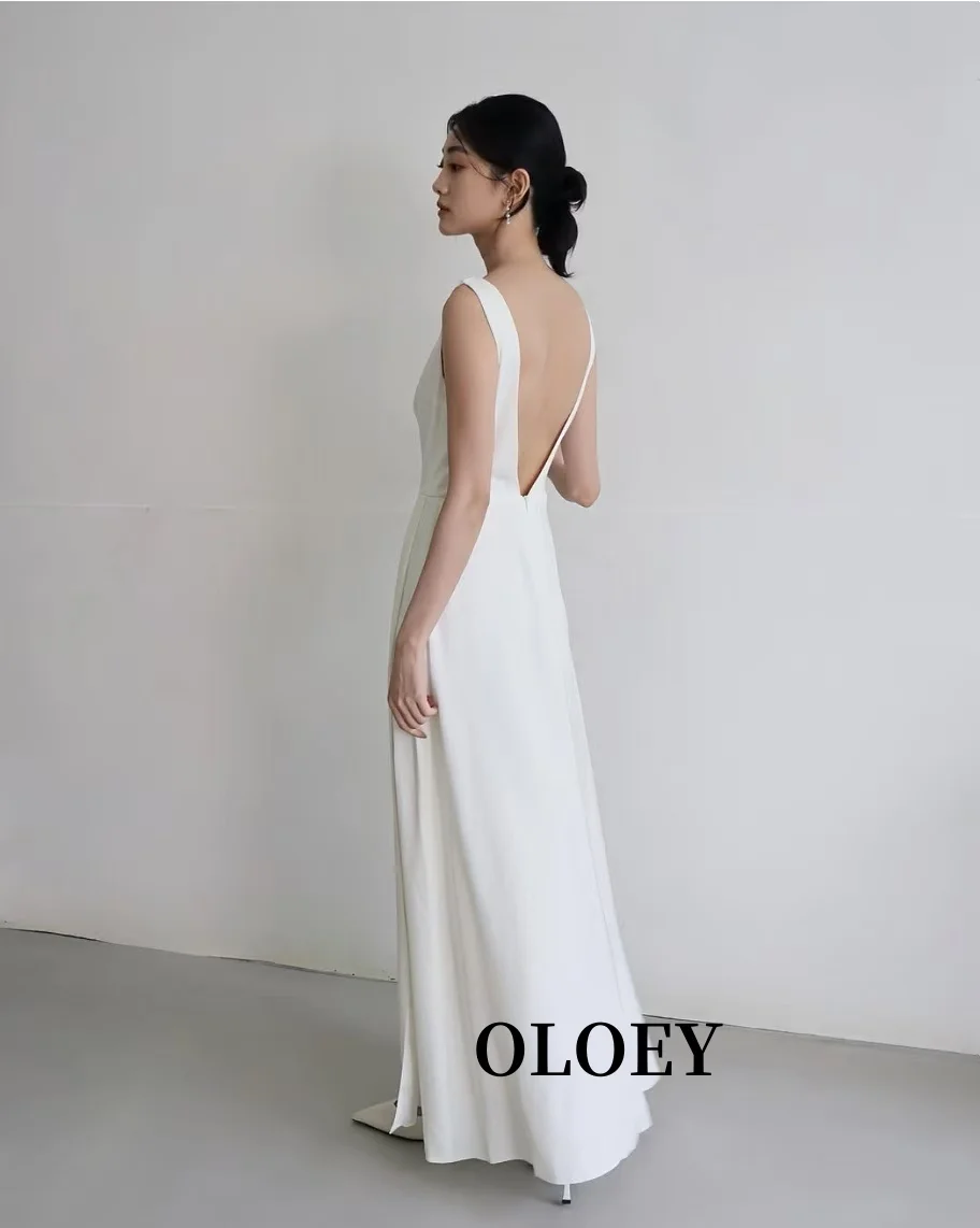 

OLOEY Simple A Line Wedding Receipt Dresses Backless Scoop Neck Soft Satin Ankle Bridal Gowns Customized Formal Party Dress