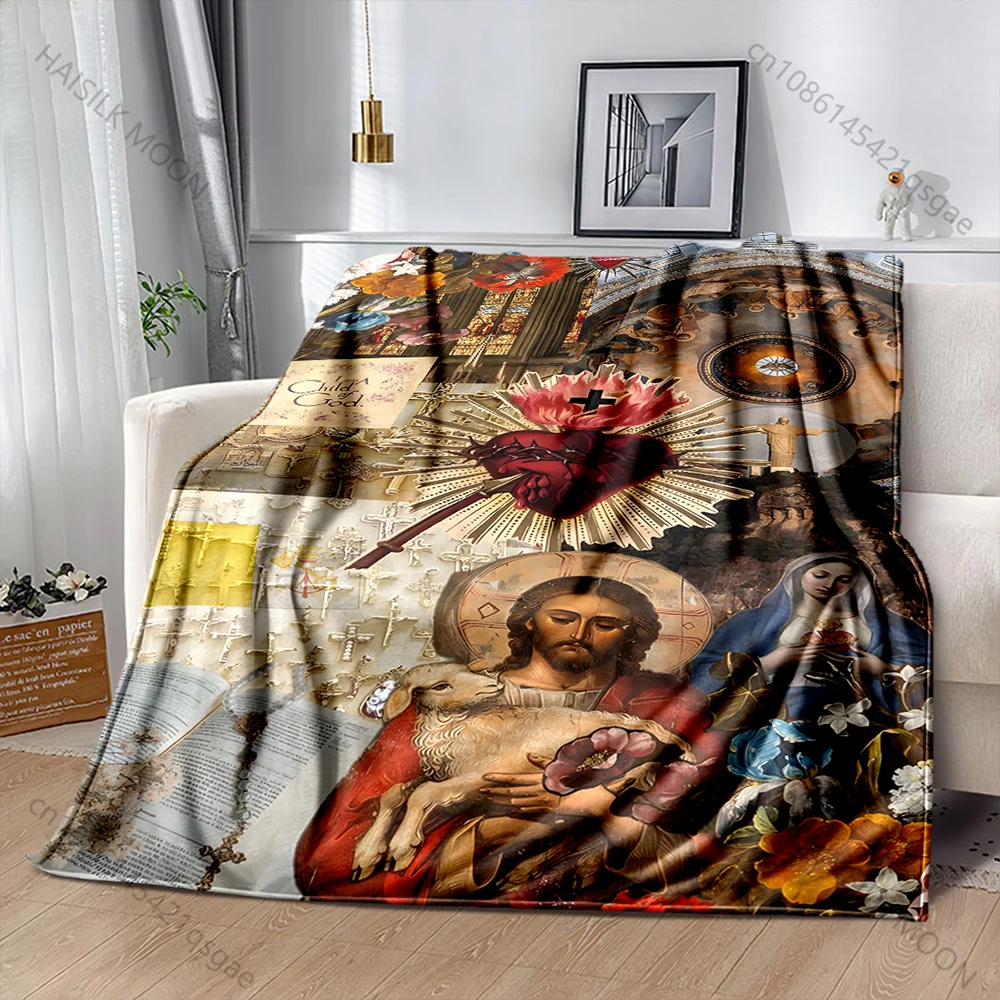 1PC Religious themed collage art Print Blanket Warm Soft Fluffy Kids and Adult Sofa Bed Throw Blanket Outdoor Travel Camping RV