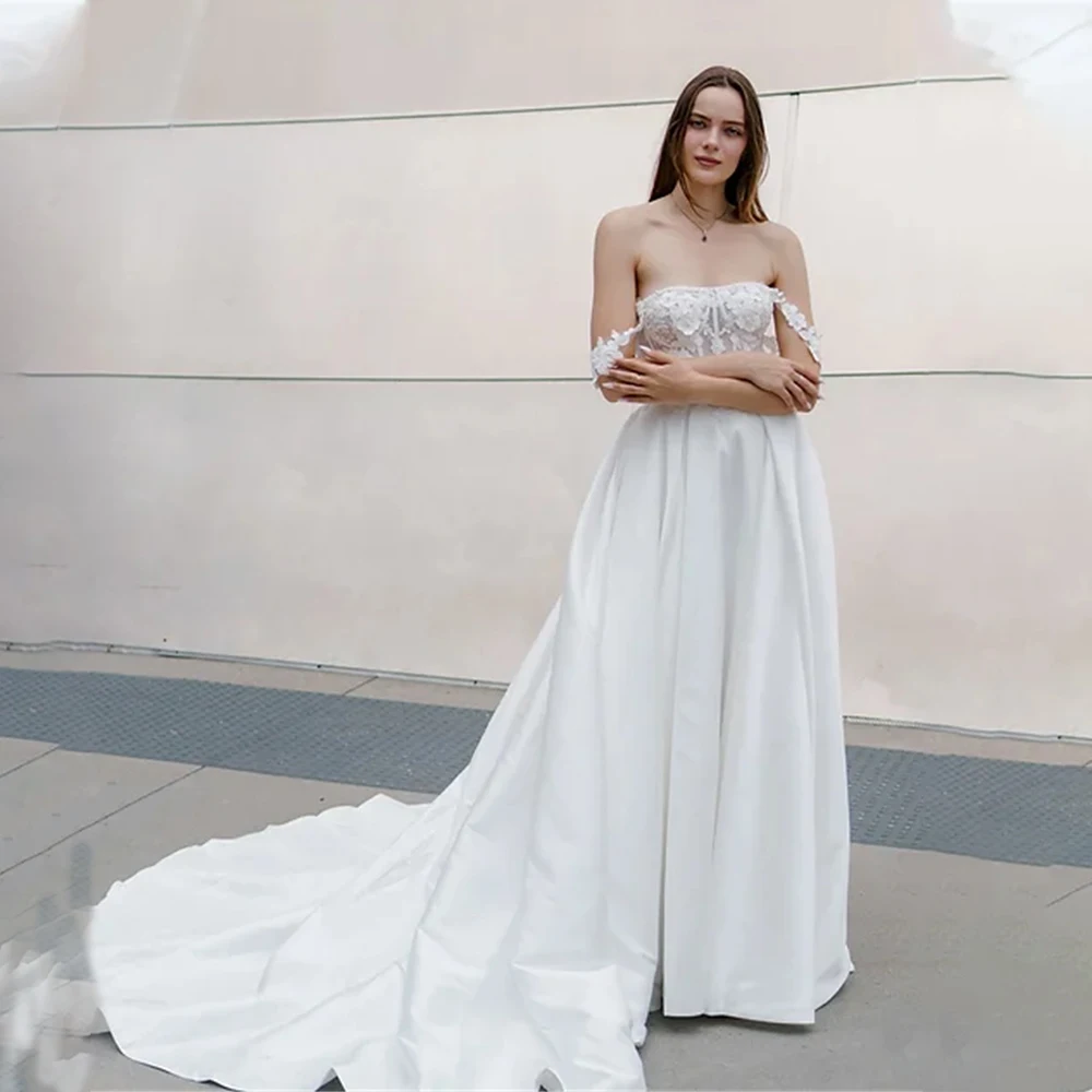 

Popular Off The Shoulder Sweethart 3d Flower Satin A Line Wedding Dresses Custom Made Bridal Grown Rode De Morrie