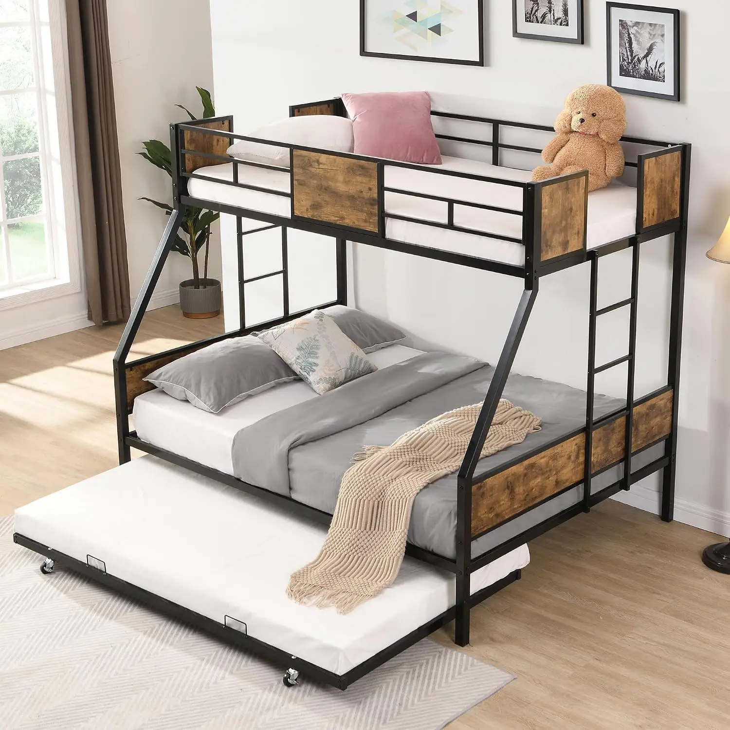 Twin Over Full Bunk Beds with Trundle Bed, Heavy Duty Metal Frame with Safety Rails & 2 Side Ladders for 3, Customized