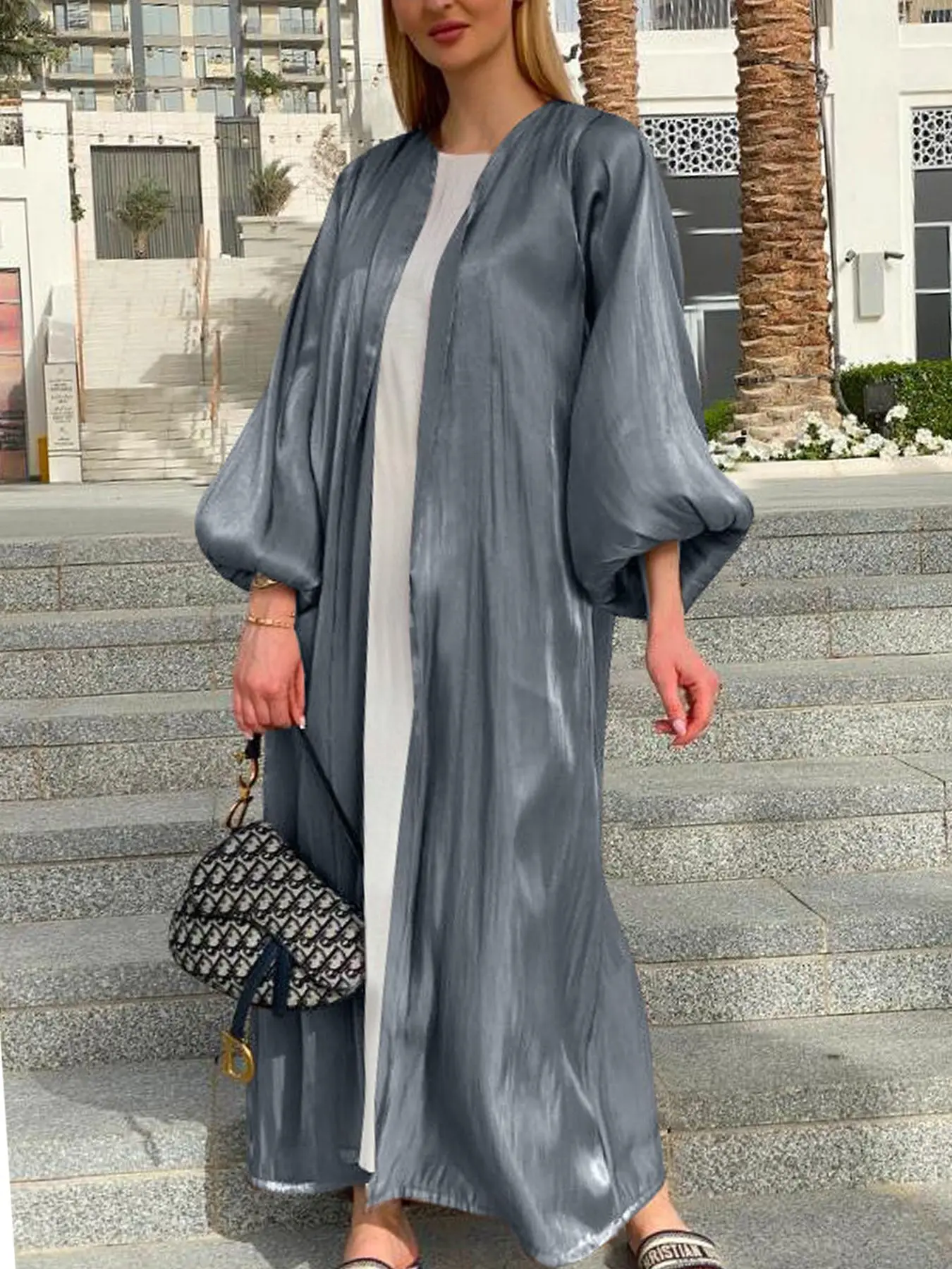 Chic Glitter Muslim Kimono Abaya Puff Sleeve Retro Ethnic Cardigan Robe Dubai Middle Eastern Saudi Arabia Eid Clothes Outwear