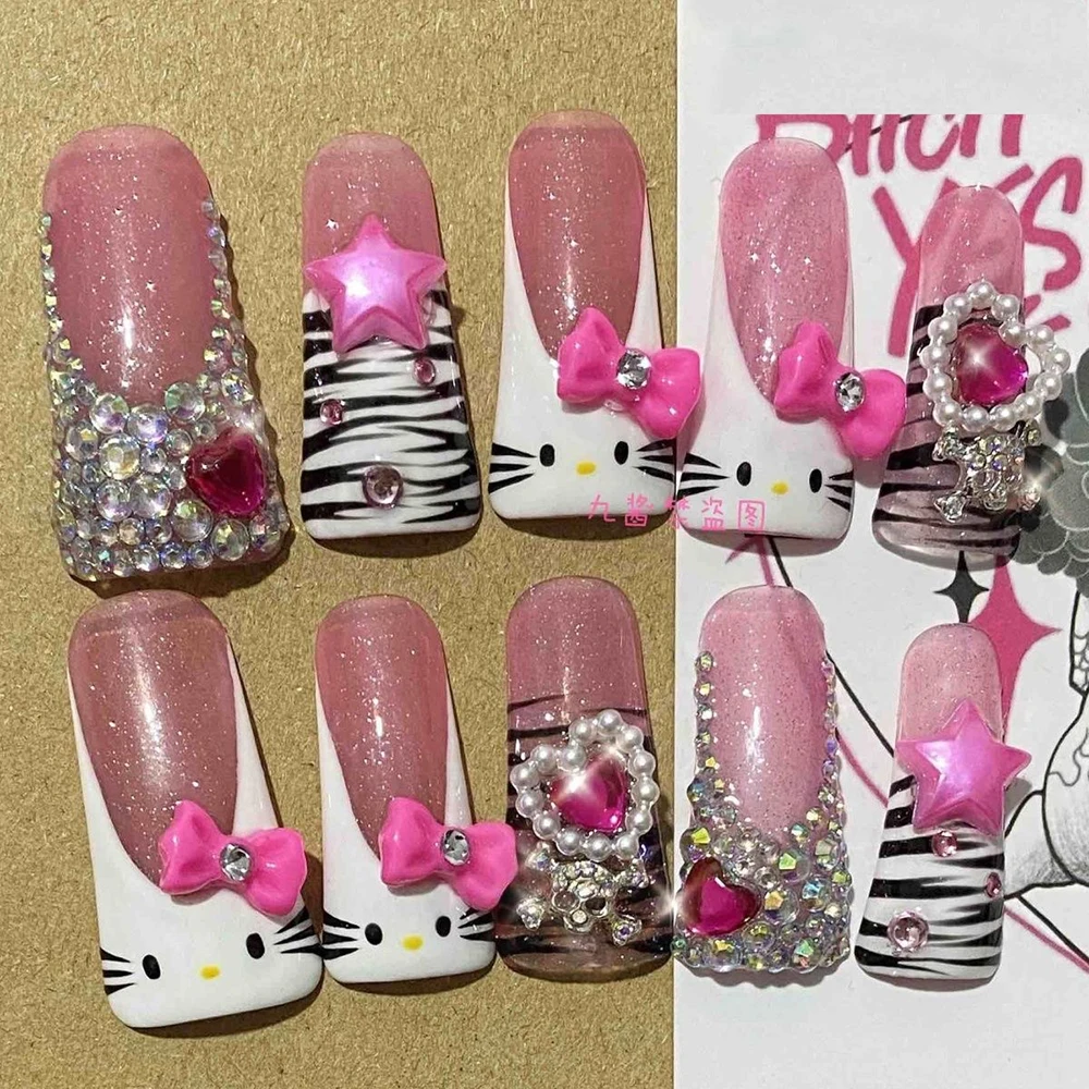 Sanrio Y2K Cartoon Long Square Crocodile Pattern Handmade Fake Nails Hello Kitty Five-Pointed Star Diamond Pearl Press On Nails