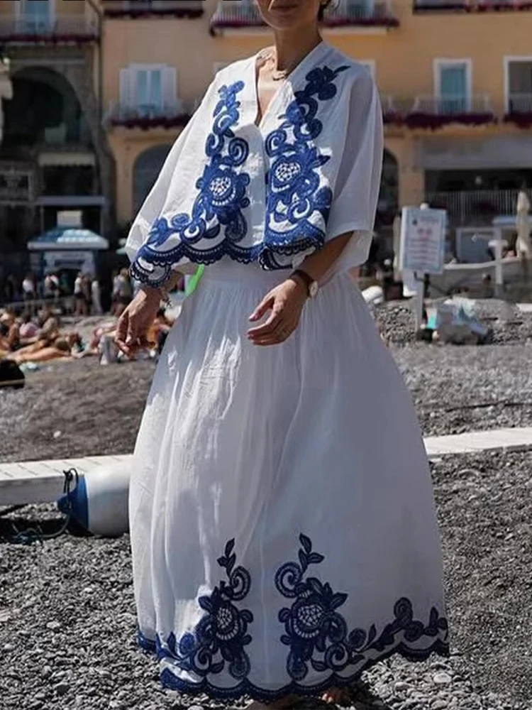 HH الأزرق التطريز ميدي تنورة مجموعات النساء 2 قطع 2024 موضة جديدة اقتصاص القمصان النسائية دعوى قطعتين مجموعة النساء الزي