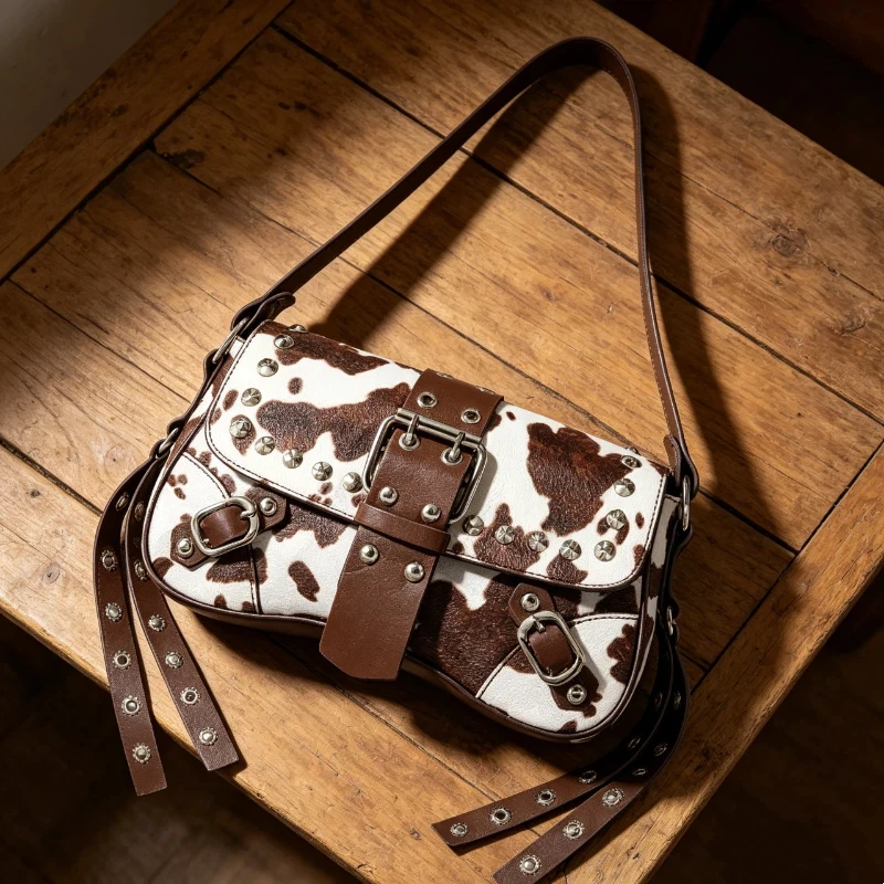 

Retro Cow Pattern Rivet Splicing Shoulder Bag Pu Belt Decoration Zipper Armpit Bag Casual Simple Large Capacity Commuting Bag