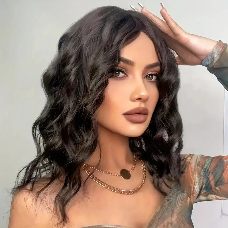 European and American Ladies' Fashionable Black Medium-Length Curly Hair with Front Lace Synthetic Fiber Wig