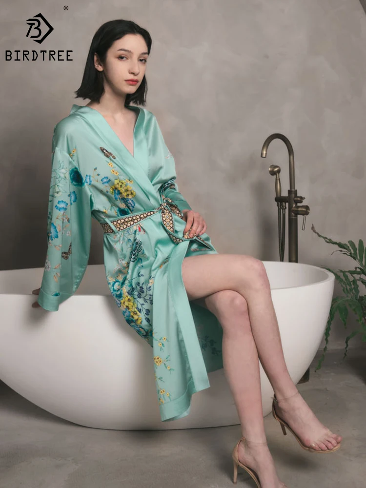 

Birdtree 22MM 100%Mulberry Silk Elegant Nightgown Women's Flower Printed Long Dressing Gown 2024 Spring Summer New P41479QD