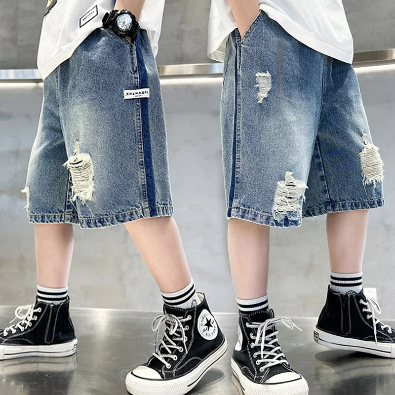 Boys Summer Straight Jeans Kids Fashion Cool Ripped Denim Shorts Casual Loose Five-Point Sweatpants 5-14 Years