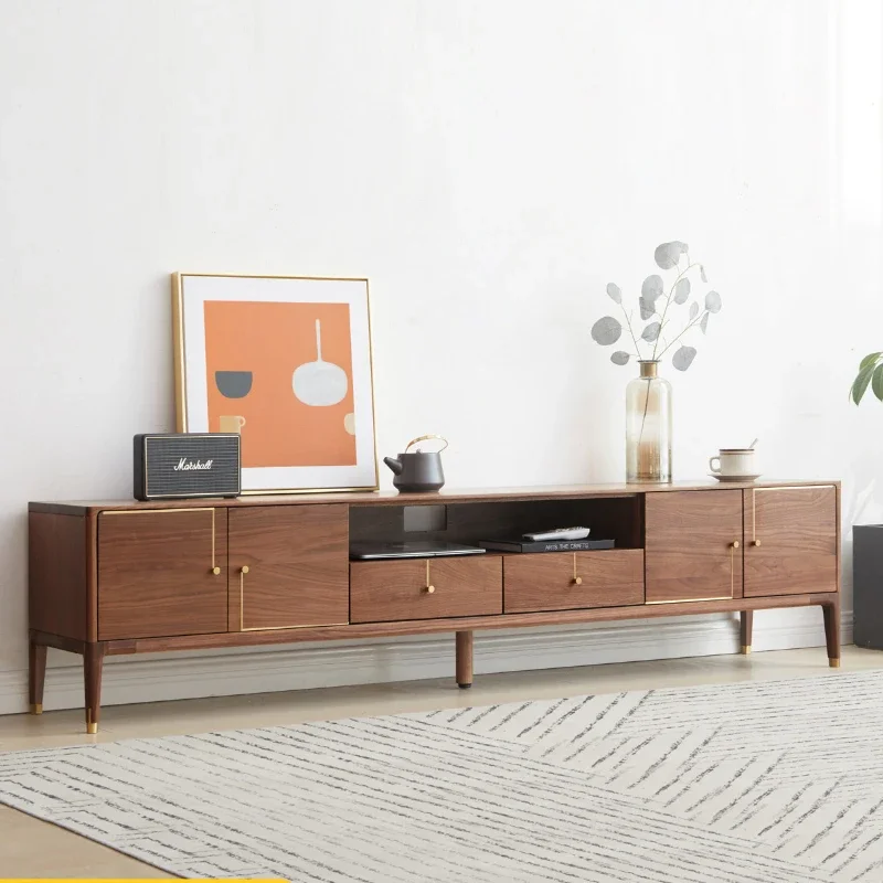 

Solid Wood TV Cabinet Floor Cabinet Nordic Light Luxury Black Walnut Wooden Low Cabinet Home Living Room Small Apartment