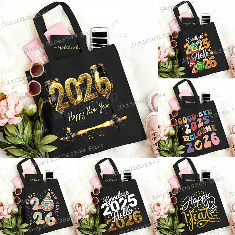 

Fashion Style 2026 Happy New Year Print Women Men Handabgs Family Matching Tote Bag Casual Vintage Merry Christmas Shoulder Bag
