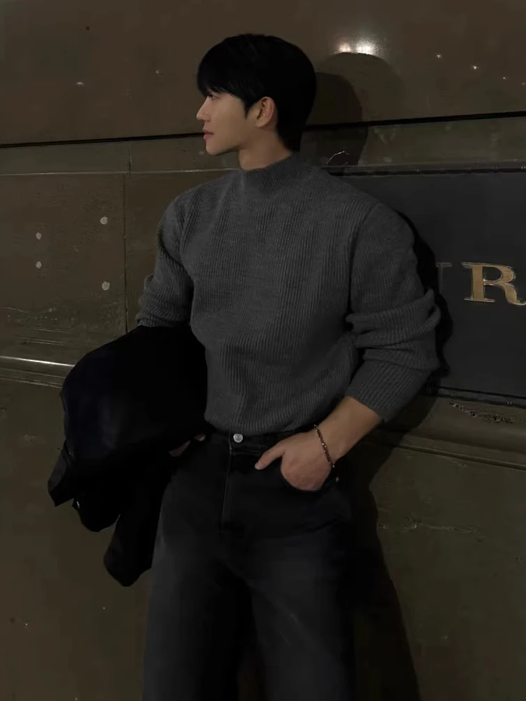 

Men's Slim Fit Knit Sweater Half High Collar Long Sleeve Thermal Comfortable Pure Color Overhead Style Korean Fashion Casual ...