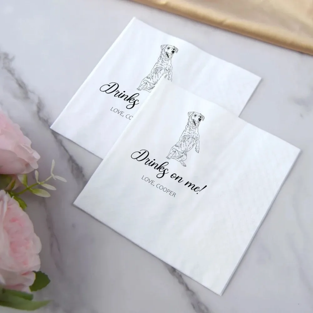 80 pcs Custom Illustrated Dog Wedding Napkins|Custom Pet Wedding Napkins|Custom Paper Napkins|Custom Engagement Napkins