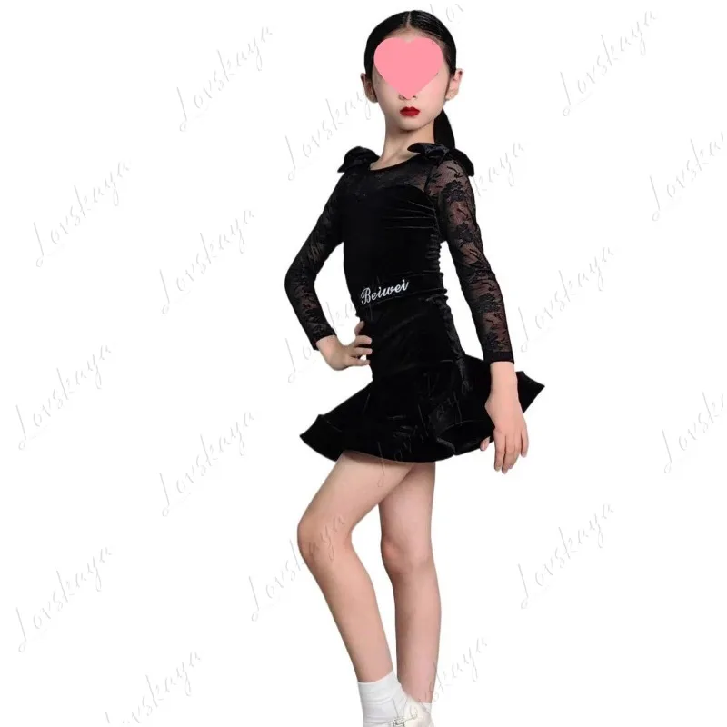 

Детский тренировочный наряд для латинских танцев с галстуками-бабочками и кружевным лоскутным платьем для выступлений для девочек для латинских танцев