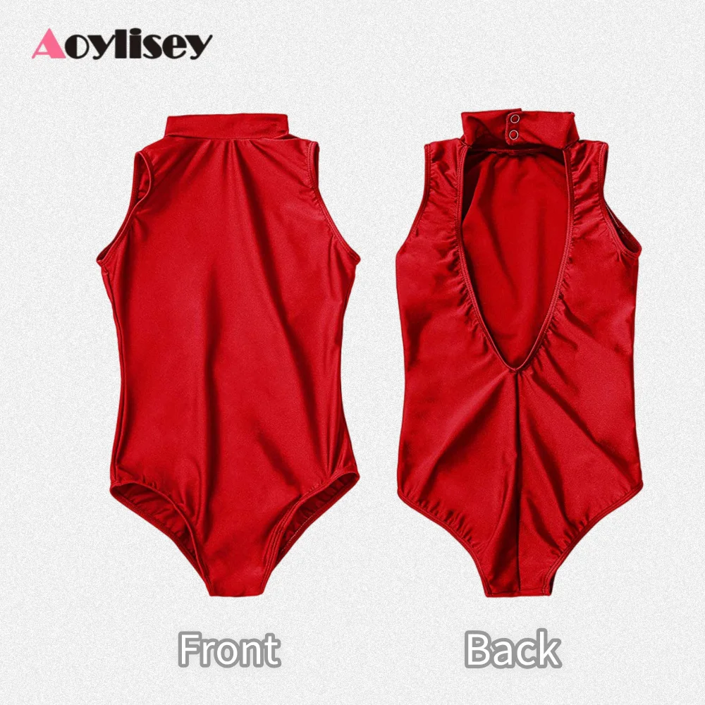 ชุดบอดี้สูทเด็กผู้หญิงสีดำแบบไม่มีแขน คอเต่า เปิดหลัง ผ้ายืด สำหรับเต้นบัลเลต์ ยิมนาสติก และการแสดงบนเวที