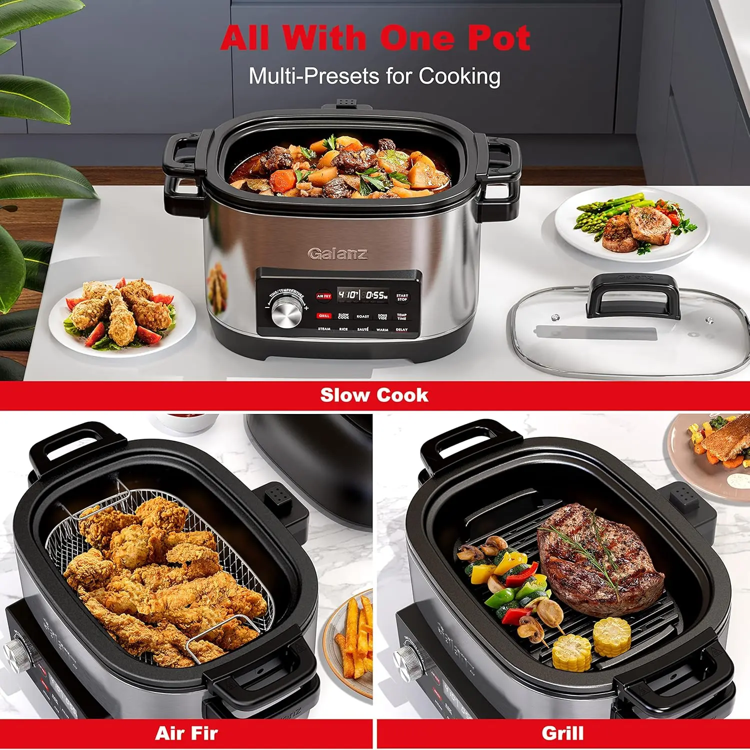 with Air Fry, Sous Vide, Rice, Sauté, Slow Cook, Steam, Roast, & Grill - Removable 8 QT Cooking Bowl, 8 Pre-Set Programs, Stainl