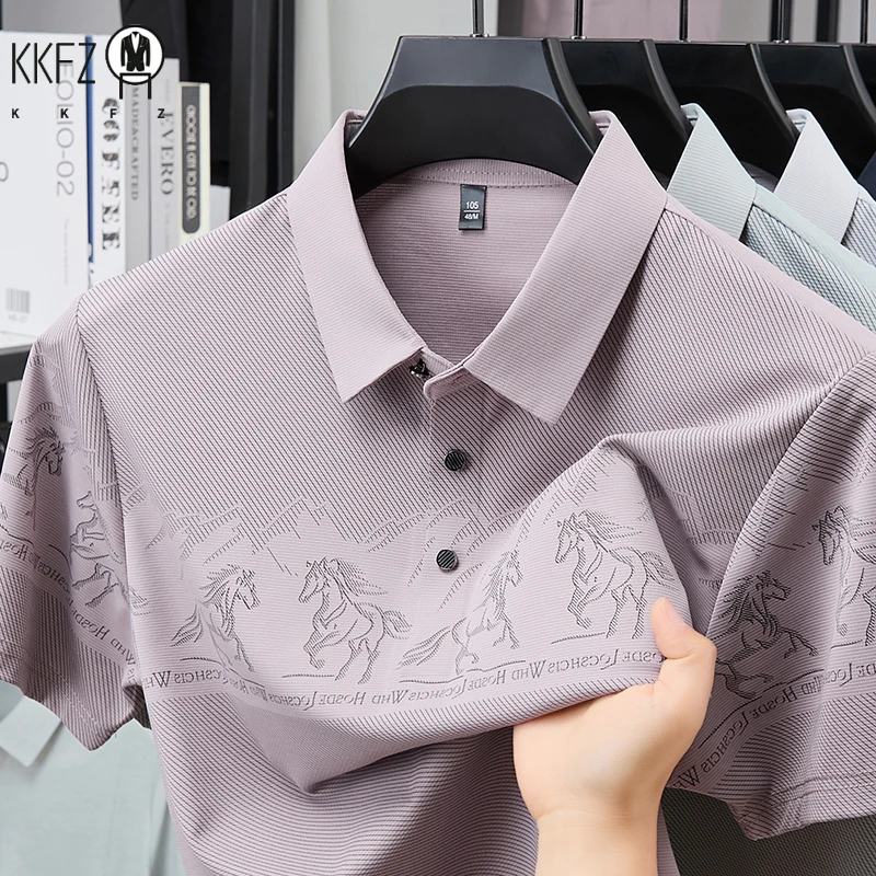 Office casual short sleeve polo t shirt for men running steed landscape print vertical grain lapel wrinkle free commute wear