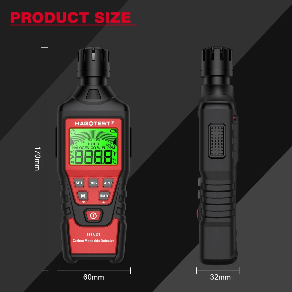 HABOTEST HT621 Carbon Monoxide Detector 0‑5000PPM 1PPM Sensitivity Handheld CO Gas Tester LCD Backlight Gas Safety Monitor