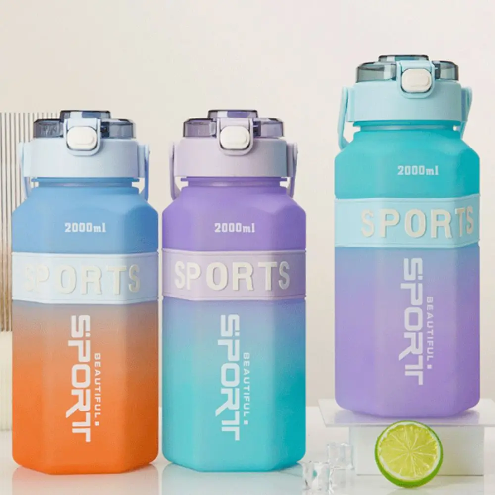 Hexagon 2 Liter Sports Water Bottle PC Frosted Leak Proof Colorful Cup with Straw Portable Fitness Sports Kettle School