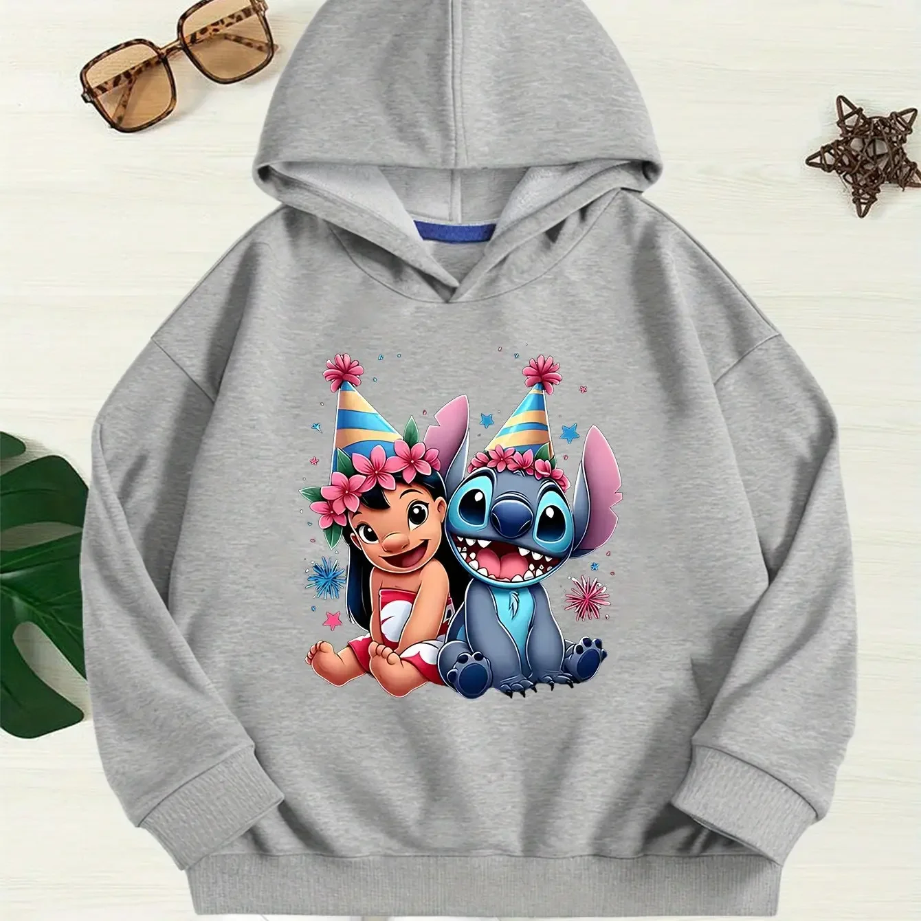 Disney's Playful Stitch Birthday Hat Print Children's Fashion Sweatshirt Cute Lilo for Boys Girls Warm Comfortable Autumn Winter