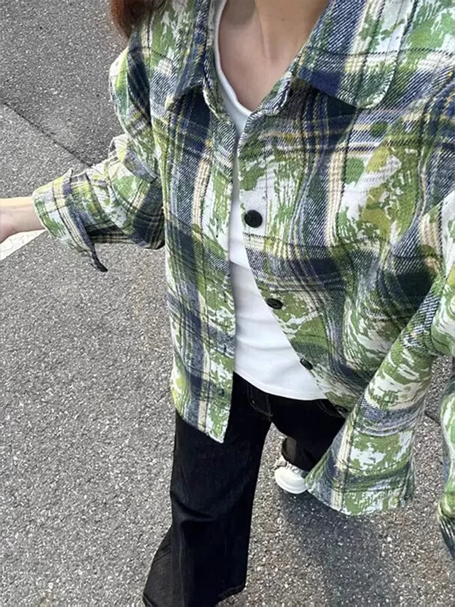 

Men's Plaid irt Long Sve Embroidered Tie-Dye Cheered Spring American Retro Sle Cool College Outerwear Jaet