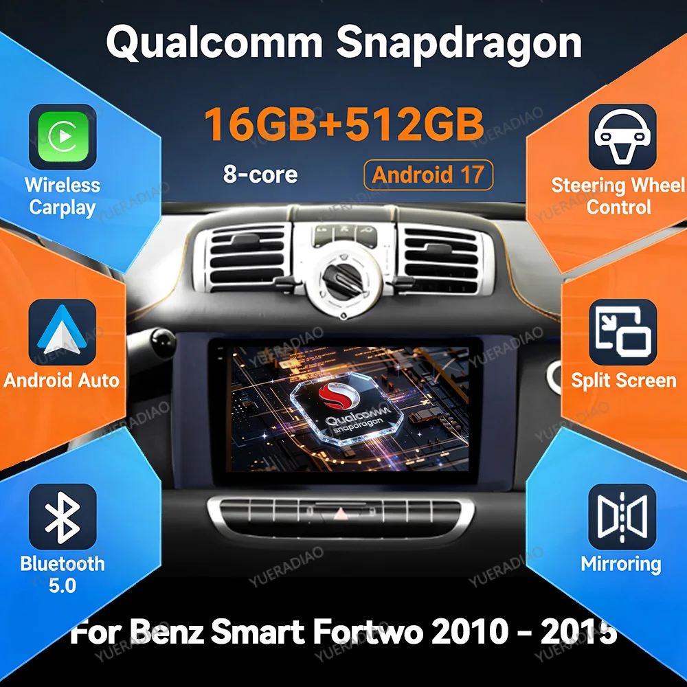 Android 17 Car Radio For Mercedes Benz Smart Fortwo 2 2010 - 2015 Head Unit QLED BT Qualcomm 2DIN Multimedia Video Player NAVI