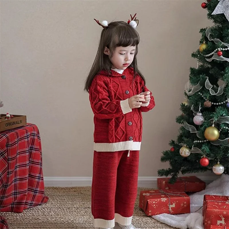 

Girls Coat +Pants Kids Suits 2PCS/Set Cotton 2024 Red Knitting Spring AutumnCotton Tracksuit Jogging Suit Christmas Gift Childr