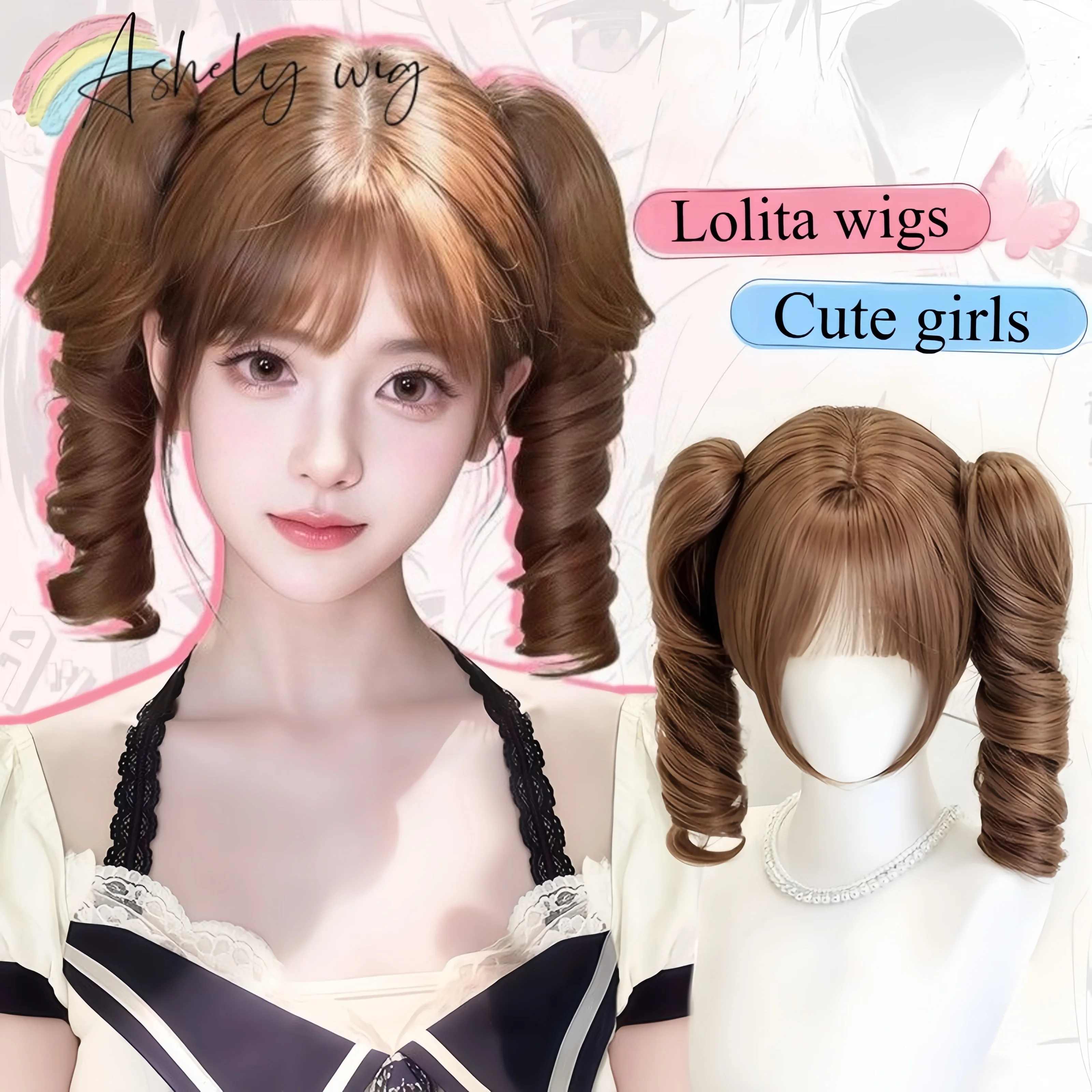 

Lolita Wig for Women Curly Double Ponytails Synthetic Wig with Bangs High Temperature Fibers Cute Nature Hair Wig for Cosplay