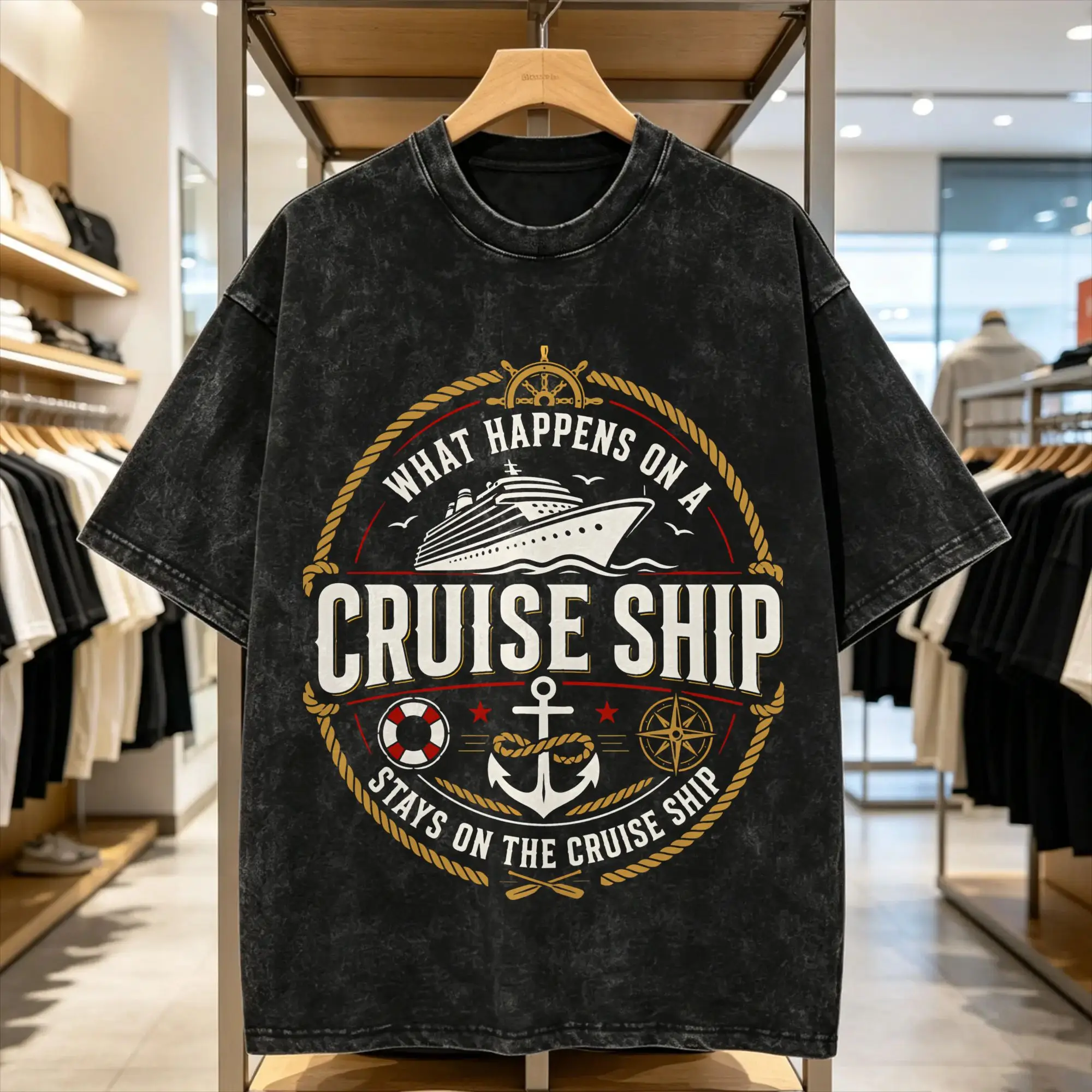 What Happens On A Cruise  Washed T-Shirt Mens  Street Style Cotton T-Shirts Summer O-Neck Popular Tees Print Oversized Tops