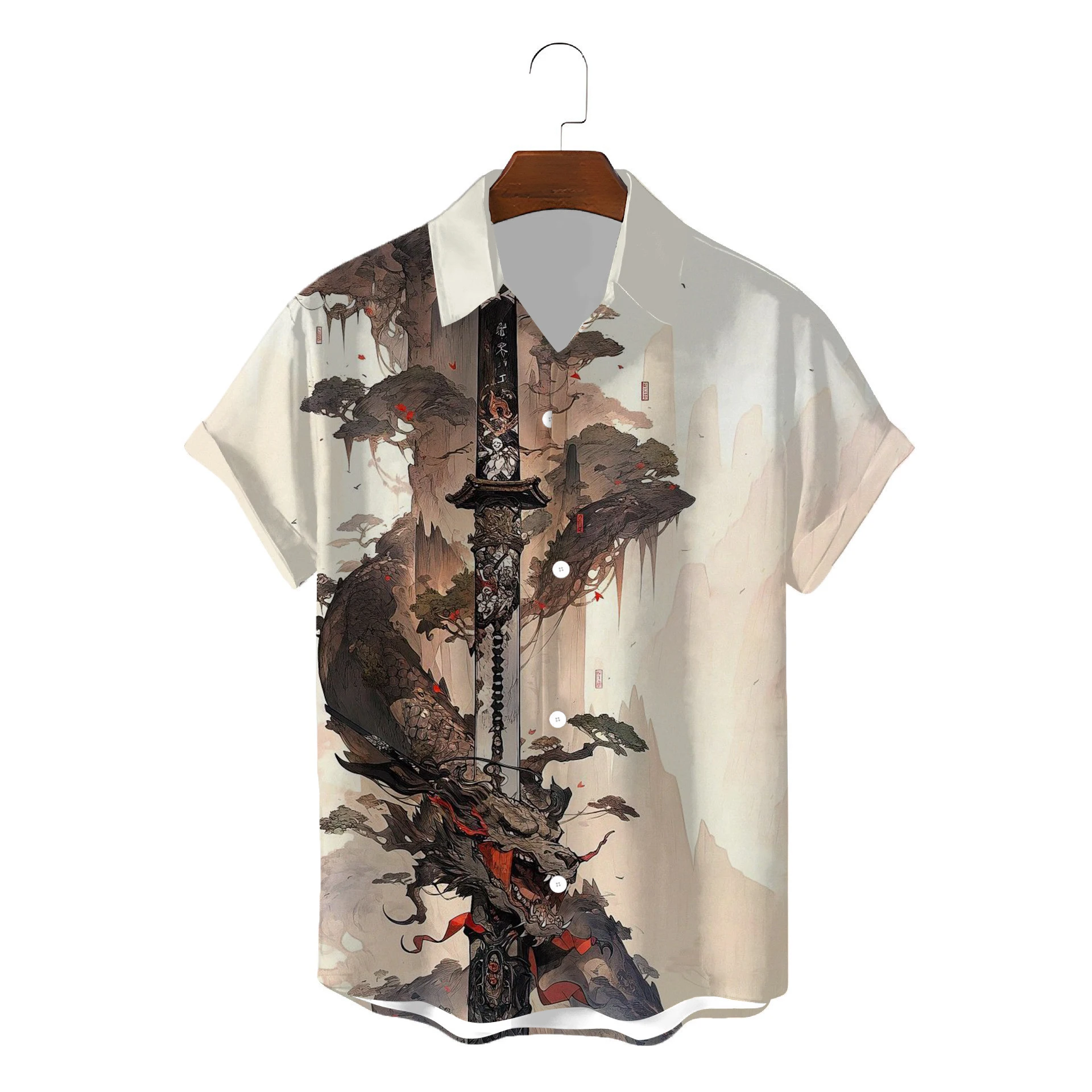 2024 summer new style mans Shirt of Ink style Landscape painting 3D Print Retro style Hawaii Beach camicia da uomo camicia con risvolto