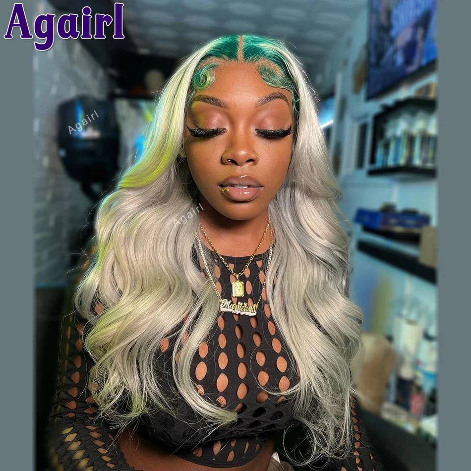 

Green Root Silver Grey 613 Colored Body Wave Human Hair 13x6 Transparent Lace Front Wig PrePlucked 6X4 5X5 Closure Wig For Women