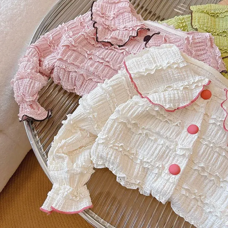 Blusa de cuello de muñeca para niños, camisa de encaje para niñas, ropa de abrigo, top de manga larga, base, primavera y otoño, nuevo