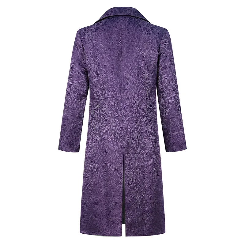 Adult Men Cosplay Costume Halloween Joker Medieval Jacket Elegant Purple Jacquard Overcoat Long Coat with Notched Collar