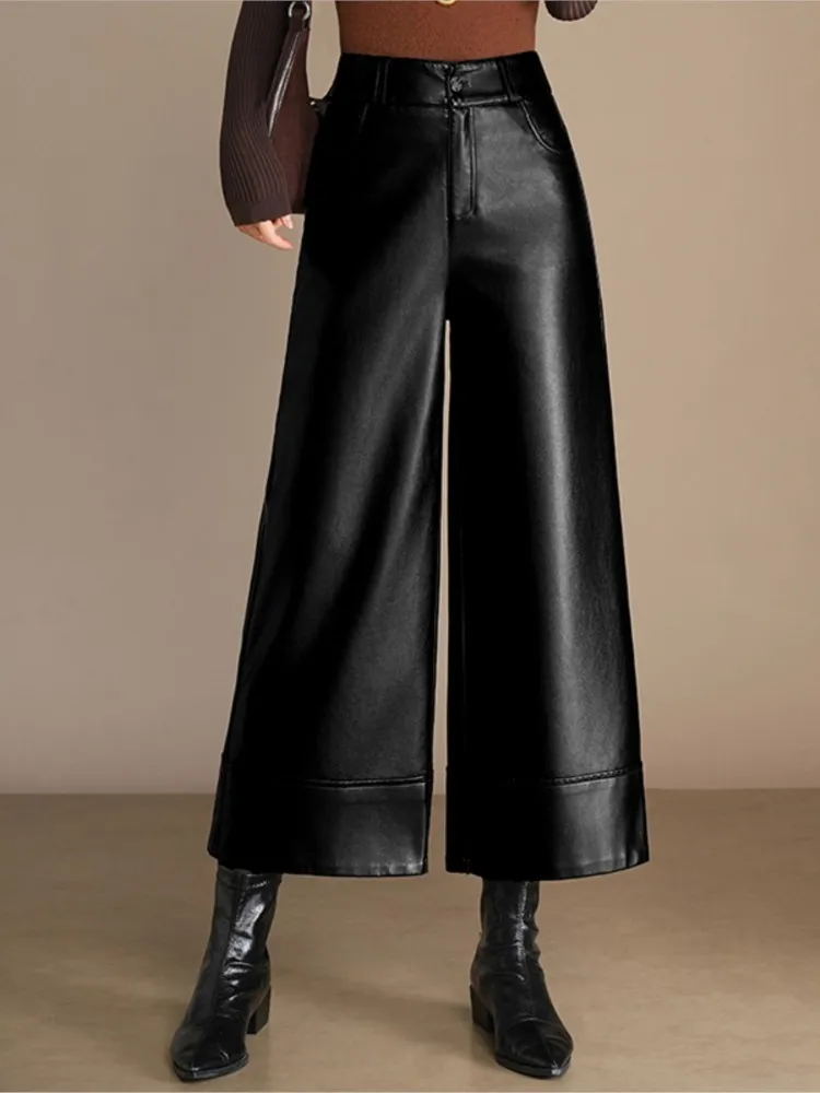 ZUZK High Quality PU Leather Cropped Pants New Women Autumn Winter Chic Short PU Leather Casual Pants Elegant LeatherTrousers